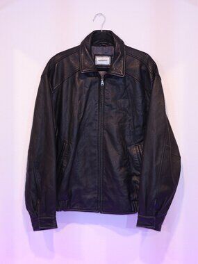 VINTAGE 1990s Hathaway Men's Unisex Black Leather Bomber Moto Jacket Size Large